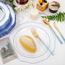 150PCS Clear Silver Plastic Plates & Disposable Silver Plastic Silverware With Glitter Bamboo Handle Cutlery-Baroque Clear Disposable Plates For Wedding & Easter Day & Mother's Day-TrugenixYSN1B - 藍色 - 查看 5