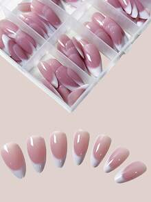 120pcs Medium-Long Almond-Shaped French Manicure Nail Stickers, Ombre Nude & Beige Minimalist Acrylic False Nails, Suitable For DIY Nail Art - Multicolor - View 3