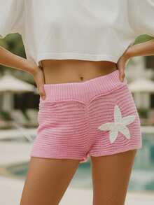 Women's Knit Shorts Casual Slim Fit Stylish Decorative Starfish Ribbed Elastic Mid Rise Shorts For Spring/Summer - Pink - View 6