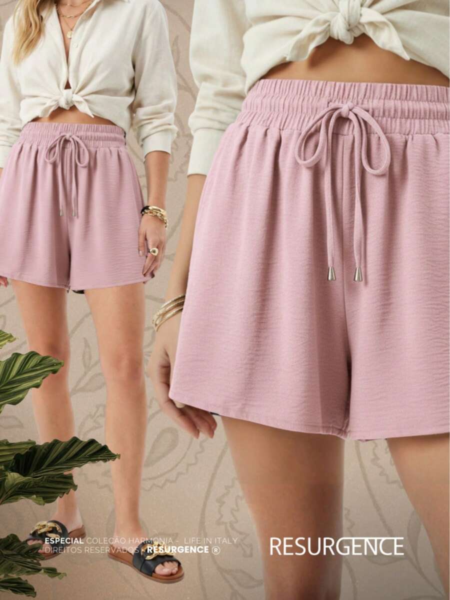 Women's Loose-Fit Baby Pink Shorts With High Waist, Elastic Waist, Comfortable, Duna Fabric, Casual, Chic, Everyday, Lightweight, Basic, Blogger Style, Knit Fabric, Faux Drawstring, Women's Fashion, Home, Beach, Vacation, Diary, Brunch, Travel, Spring, Summer - 淺粉色 - 查看 1
