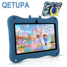 Qetupa 7英寸安卓14儿童平板电脑，大象图案，早教平板电脑，配备防摔保护套，A133八核2.0GHz处理器，4GB RAM + 64GB ROM，1024*600 IPS触摸屏，前置50万像素+后置200万像素双摄像头，4000mAh大容量电池，支持蓝牙和802.11ac/WiFi5，是送给男孩女孩的理想礼物，支持家庭早教。 - 藍色 - 查看 2