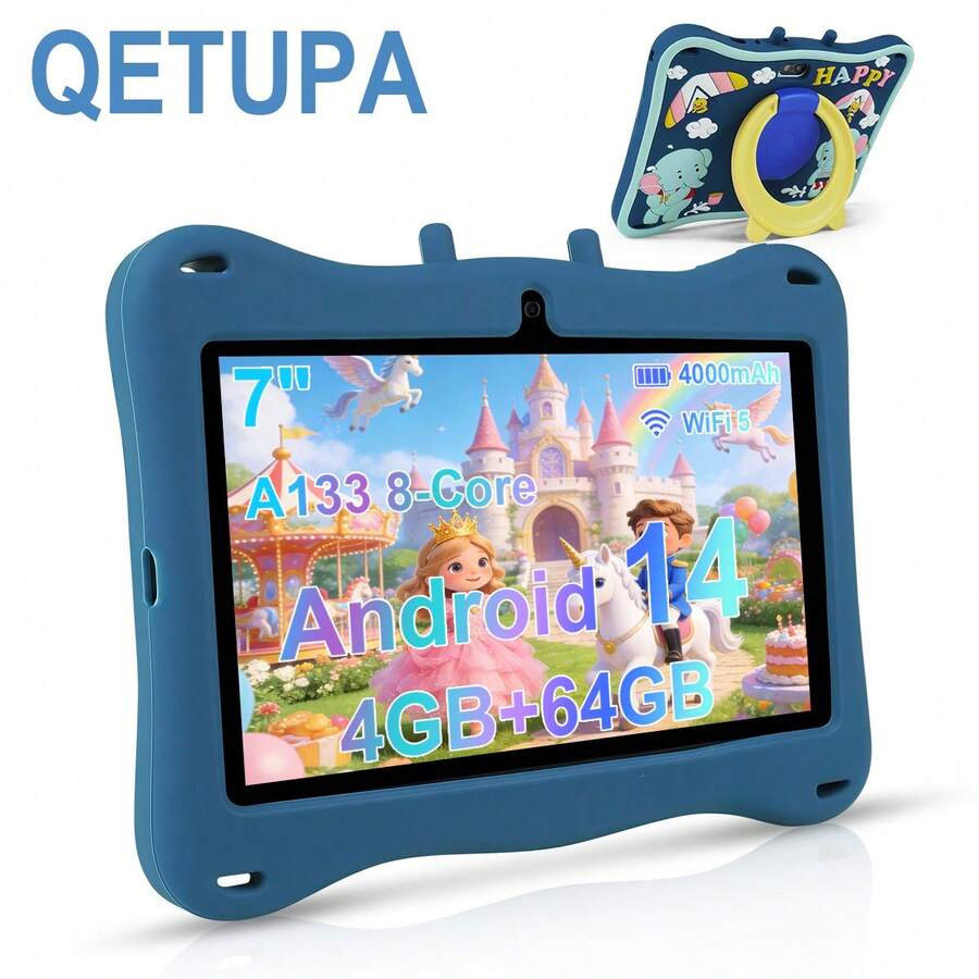 Qetupa 7英寸安卓14儿童平板电脑，大象图案，早教平板电脑，配备防摔保护套，A133八核2.0GHz处理器，4GB RAM + 64GB ROM，1024*600 IPS触摸屏，前置50万像素+后置200万像素双摄像头，4000mAh大容量电池，支持蓝牙和802.11ac/WiFi5，是送给男孩女孩的理想礼物，支持家庭早教。