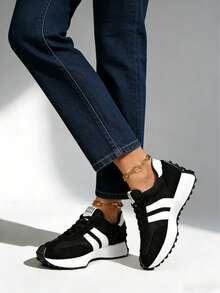 Shoes Retro Chunky Sneakers Instep Bulky Running Sneakers For Women, Shoes For Women,Women's Comfortable Lace-Up Sneakers - Lightweight Multifunctional Casual Shoes, Non-Slip Rubber Sole, Suitable For All Seasons - màu đen - Xem 1