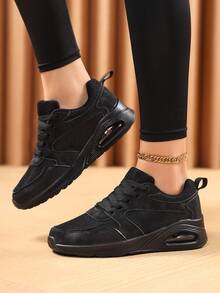 女士气垫休闲舒适圆头系带跑步鞋，透气轻便，适合日常穿着，学院风男女通用运动鞋 - 黑色 - 查看 7