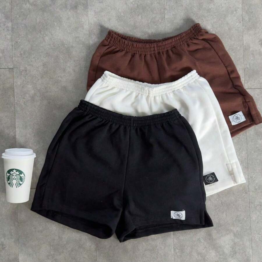Kit Of 3 Women's Fleece Shorts, Women's Bermuda Shorts With Side Slit, Basic Women's Shorts, Gym Bermuda Shorts, Workout Shorts. - 黑褐色 - 查看 1
