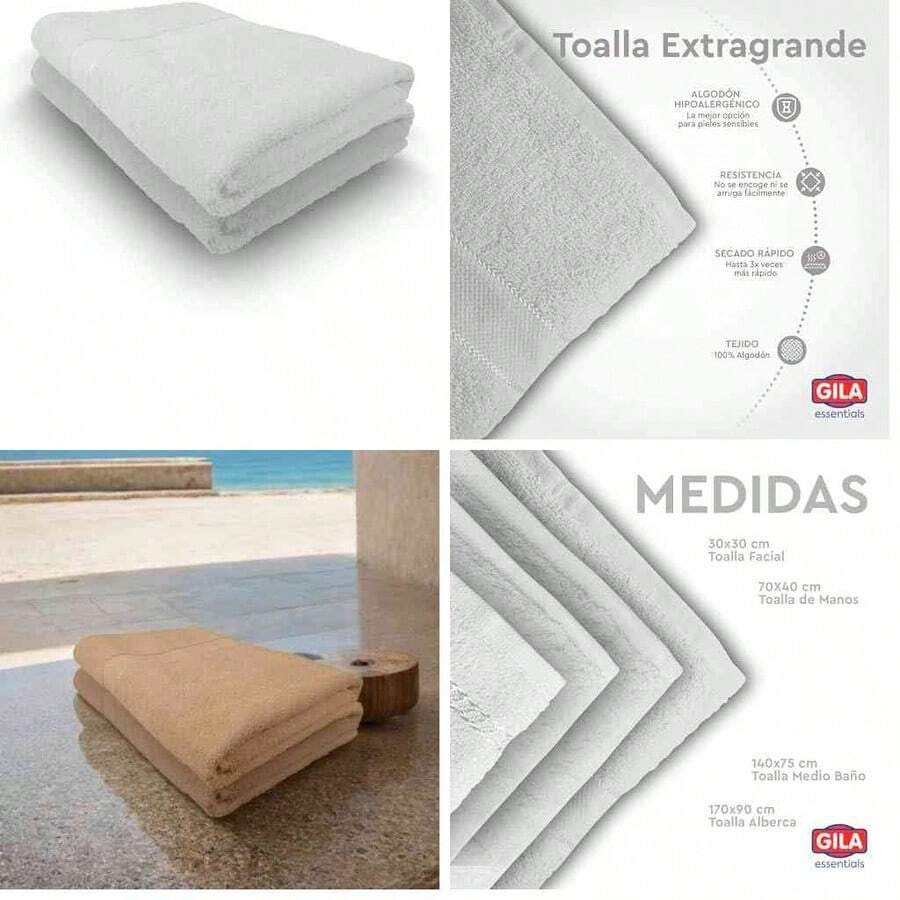 OpenHIGILA Toalla de Bao Extragrande de Algodn Hipoalergnico Essentials I Paquete de 2 Toallas para Bao Color Hueso (170 x 90 cm) - 2+hueso - Ver 1