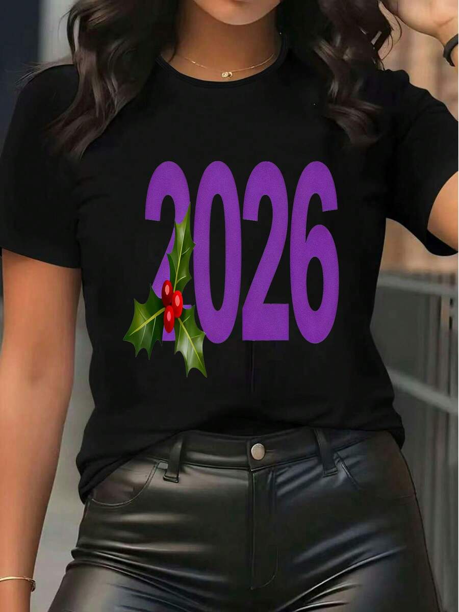 Women's 2026 Christmas Graphic Tee Casual Short Sleeve Crew Neck T-Shirt Holiday Holly Berry Print Loose Fit Top For Party Daily Wear - 黑色 - 查看 1