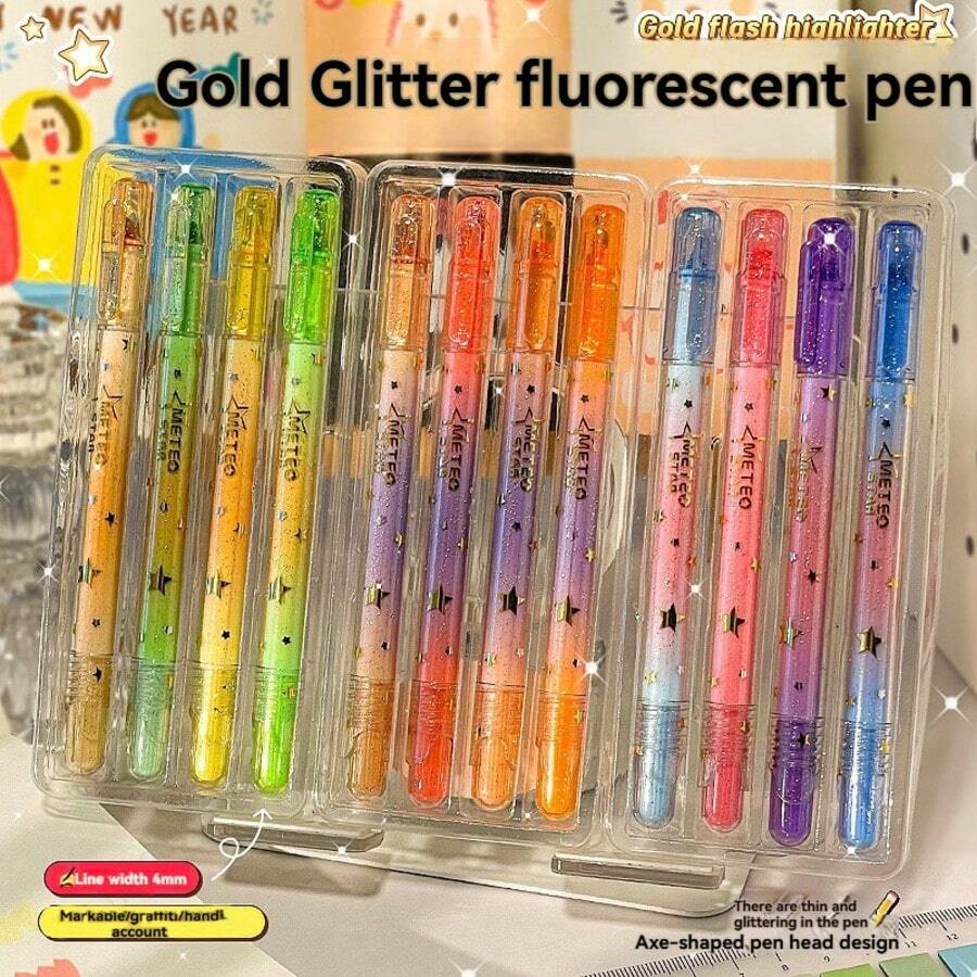 Set de evidențiatoare cu sclipici cu 12 culori - Pentru luarea de notițe și jurnalizare, creații DIY, consumabile de colorat - vârf daltă 1-4 mm - o marime - Vizualizare 1