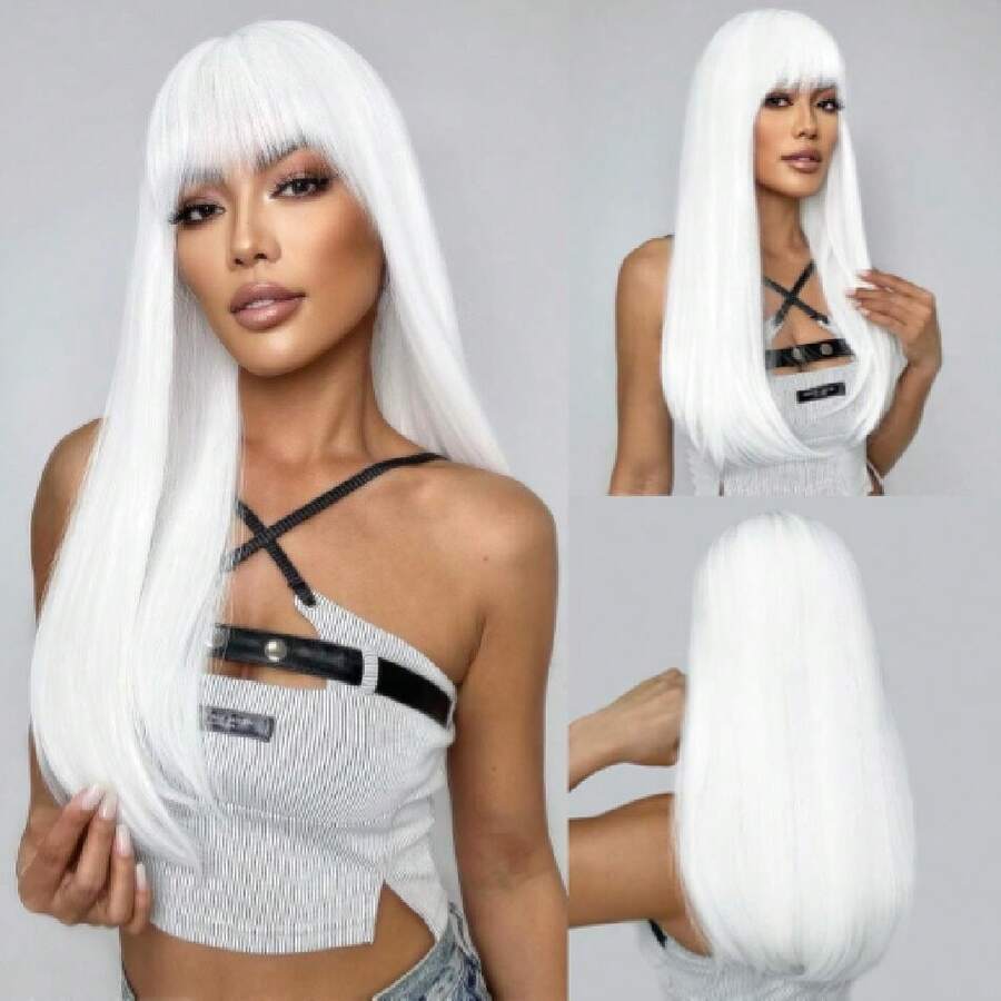 White Wig With Bangs Long Straight White Wigs For Women Synthetic Heat Resistant Wigs Natural Looking Hair Wig For Halloween Daily Cosplay Party Use 22 Inch,38045215 - 白色 - 查看 1