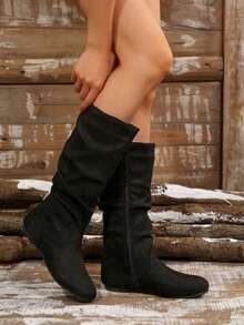 [2026 Year Of The Horse Retro Mid-Calf Boots]Suede Pleated Mid-Calf Boots, Flat, Comfortable, Elastic Boots, Versatile Casual Chelsea Boots For Autumn And Winter, Women's Mid-Calf Boots - 黑色 - 查看 5