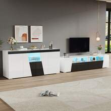 Komoda RTV z szafką nocną, 180 x 38,5 x 45 cm, szafka RTV z połyskiem, szafka RTV z oświetleniem LED, niska szafka nocna, 140 x 40 x 65 cm, szafka do salonu, czarno-biała - Biały - Zobacz 2