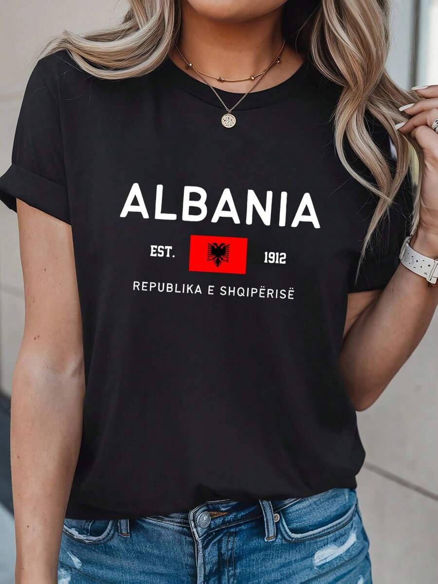 Sudadera de Albania, suéter de cuello redondo con bandera albanesa, unisex - Negro - Ver 1