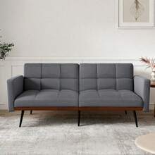Mid-Century Modern Futon Sofa Bed In Linen Blend, 146 Cm Wide, 5-Position Adjustable Backrest And Fixed Armrests, Metal Legs, Grey - 灰色 - 查看 3