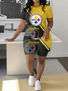 Pittsburgh Steelers Women's Plus Size Short-Sleeve T-Shirt Set, Summer Fashionable Casual Set, Football-Themed Set. - 彩色 - 查看 1
