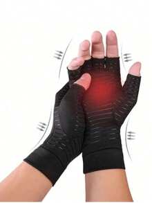 1 Pair Copper Fiber Half Finger Compression Gloves, Unisex, Relieve Hand Issues And Carpal Tunnel Syndrome, Suitable For Typing, Joint Support Activities, Copper Ion Gloves, Warm And Comfortable, Suitable For Typing, Crocheting, Cycling, Driving, Fitness And Outdoor Activities - Made Of Breathable Material, Provide Support - Black - View 5