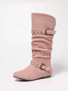 粉色褶皱搭扣侧拉链中筒靴，欧美波西米亚风平底圆头舒适百搭，适合办公室通勤、日常穿着、度假、街头风、校园风等各种场合，时尚女靴 - 粉色 - 查看 4