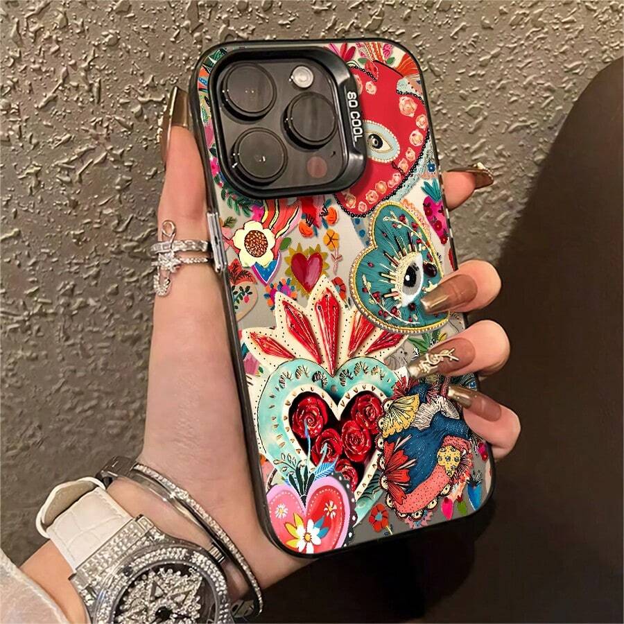 1pcs Colorful Heart Pattern Phone Case Compatible with Apple Phone 17ProMax 16 15 14 13 12 11ProMax Pro Xs Max XS X 7plus 8plus Silicone Antidrop Hard Shell Vintage Funky Girlish Style Cute Fashion Whimsical Can Be Given To Friends Can Be Given To A Lover - Negro - Ver 1