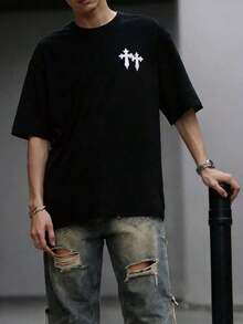 YUNCHIC - Men's Loose Off-Shoulder Printed T-Shirt, Spring/Summer - 黑色 - 查看 1