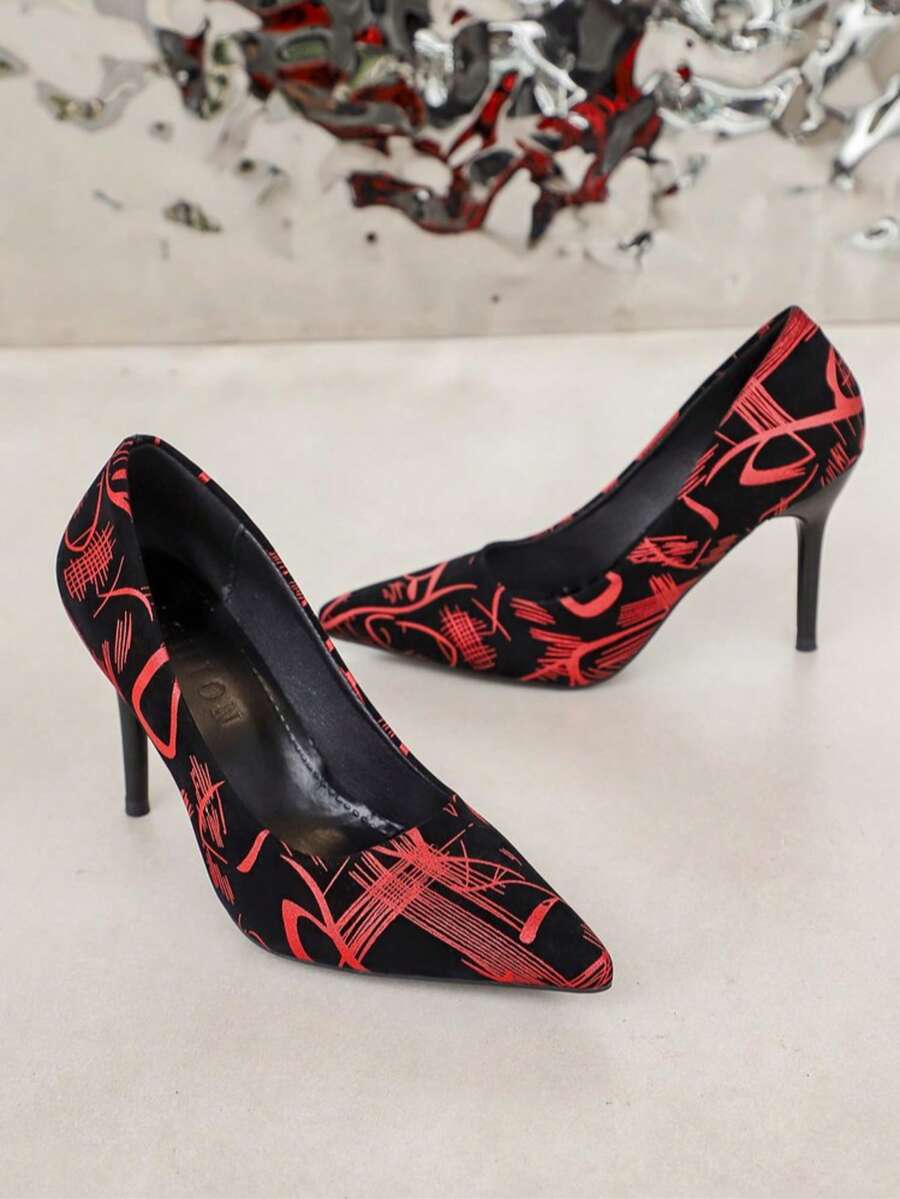 Teens' Color Block Graffiti High Heel Pointed Toe Low Vamp Party/Work Pumps - Red - View 1