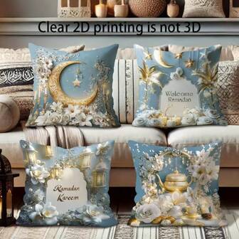 4 pièces Housses de coussin vintage Ramadan avec imprimé lune, floral et feuilles, en polyester doux et confortable, 45x45cm (17,72x17,72 pouces), avec fermeture éclair, lavables en machine, conviennent pour la décoration de la maison, le salon, la chambre, le porche, le jardin, l'hôtel, l'extérieur (housses de coussin uniquement - insert non inclus)