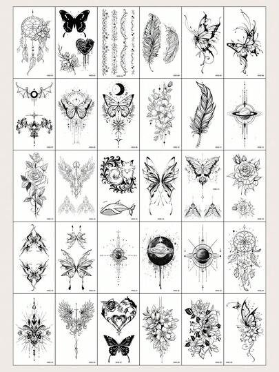 (30pcs/Set) Black Ink Art Temporary Tattoos, Inspirational Designs Including Chimes, Feathers, Butterflies, Planets, Foxes, Roses, Flowers, Wings And More, Style, Waterproof And Long-Lasting, Realistic Look
