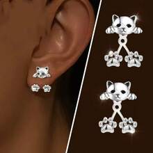 1 Pair 925 Silver Plated Cat Paw Hanging Earrings For Women, With Fashion Unique Creative Design Cute Pets, Exquisite And Sweet, Suitable For Daily Versatile, The Best Choice For Birthdays, Christmas, New Year, Easter, - Bạc - Xem 3