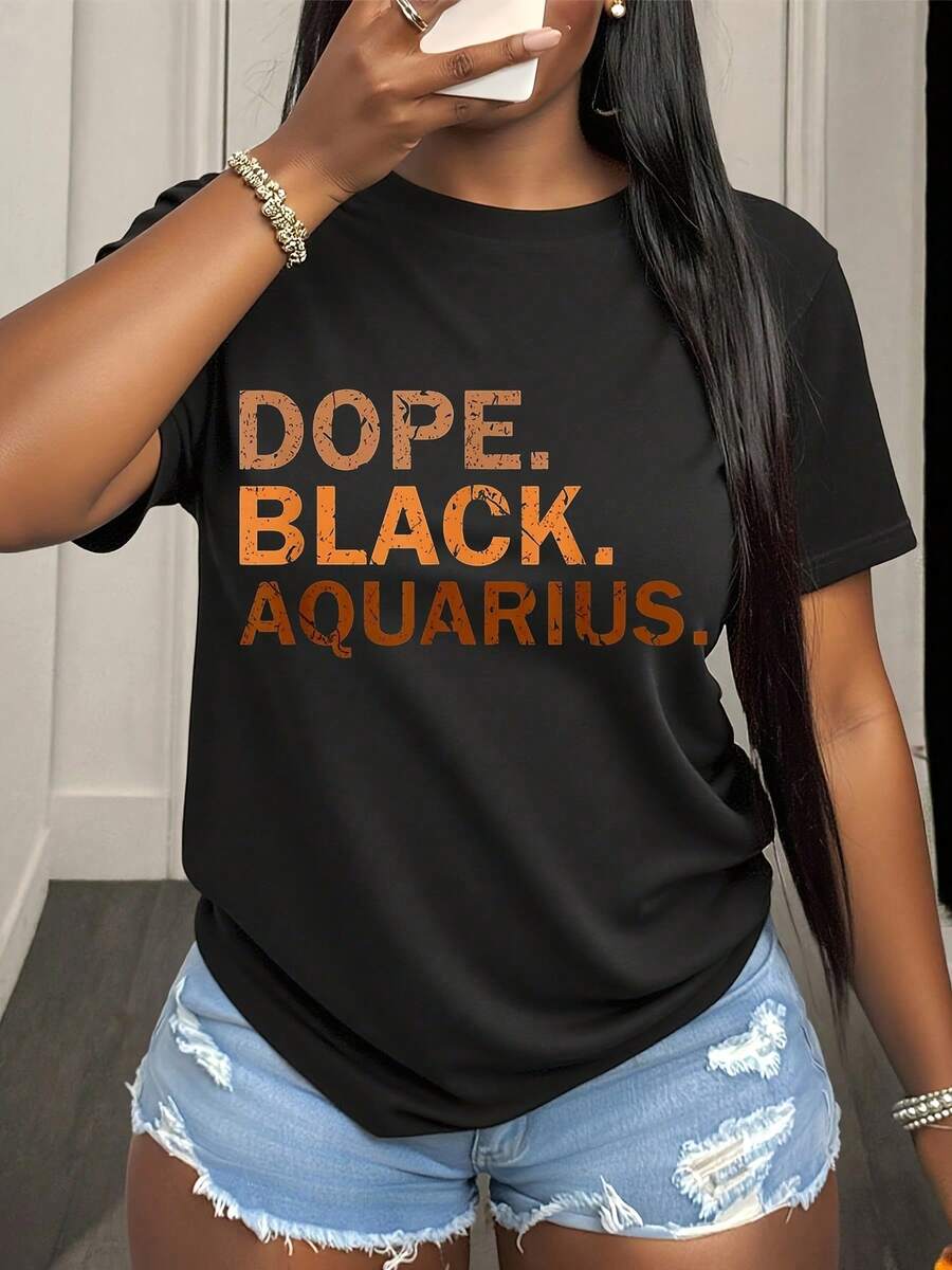 Dope Black Aquarius Shirt For Women Zodiac Sign Statement Tee Plus Size Fashion Top Casual Wear Everyday Outfit Gift Idea For Aquarius Born - 黑色5 - 查看 1