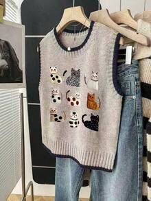 Women's Lightweight Creative Print Sweater - Cute Cat Print, Casual Crew Neck Vest Top, Suitable For All Seasons, Layered Design, Vibrant Color Combination - Apricot - View 2