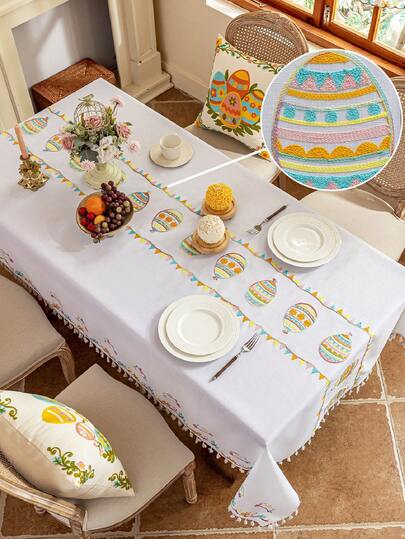 1 szt. haftowany obrus z motywem wiosennego jajka wielkanocnego z frędzlami, odpowiedni do wystroju domu i restauracji, może służyć jako centralny element stołu w kuchni i jadalni, trwała tkanina