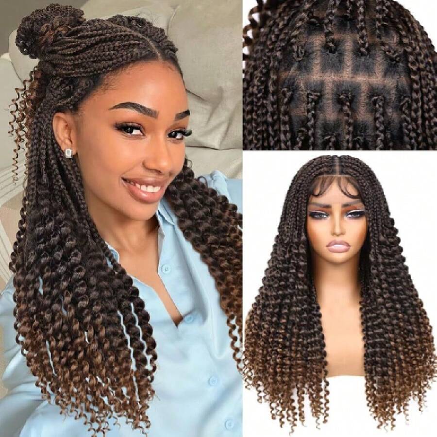 Braided Wigs For Black Women Double Full Lace Box Braided Wigs Synthetic Curly Glueless Braid Wig With  Hair 3D Curls Braided Wig 24 Inch (1B/30, Curly-24),38059046 - 棕色 - 查看 1