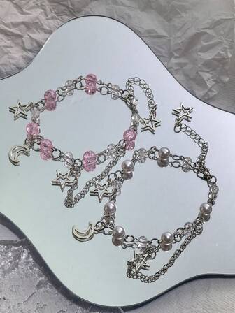 1 pieza Pulsera de cadena con cuentas de moda Y2K, diseño de estrella, luna y cadena, adecuada para citas, fiestas, uso diario, también como accesorio de regalo para el Día de San Valentín