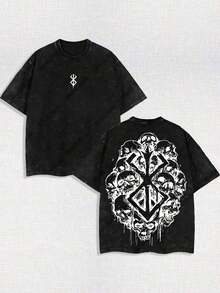 Skull Berserker Retro Men And Women With Loose Anime Washed Heavy Cotton T-Shirts, Patterned T-Shirts, Anime Fans, Anime Fans, Men's Clothing. - 黑色 - 查看 6