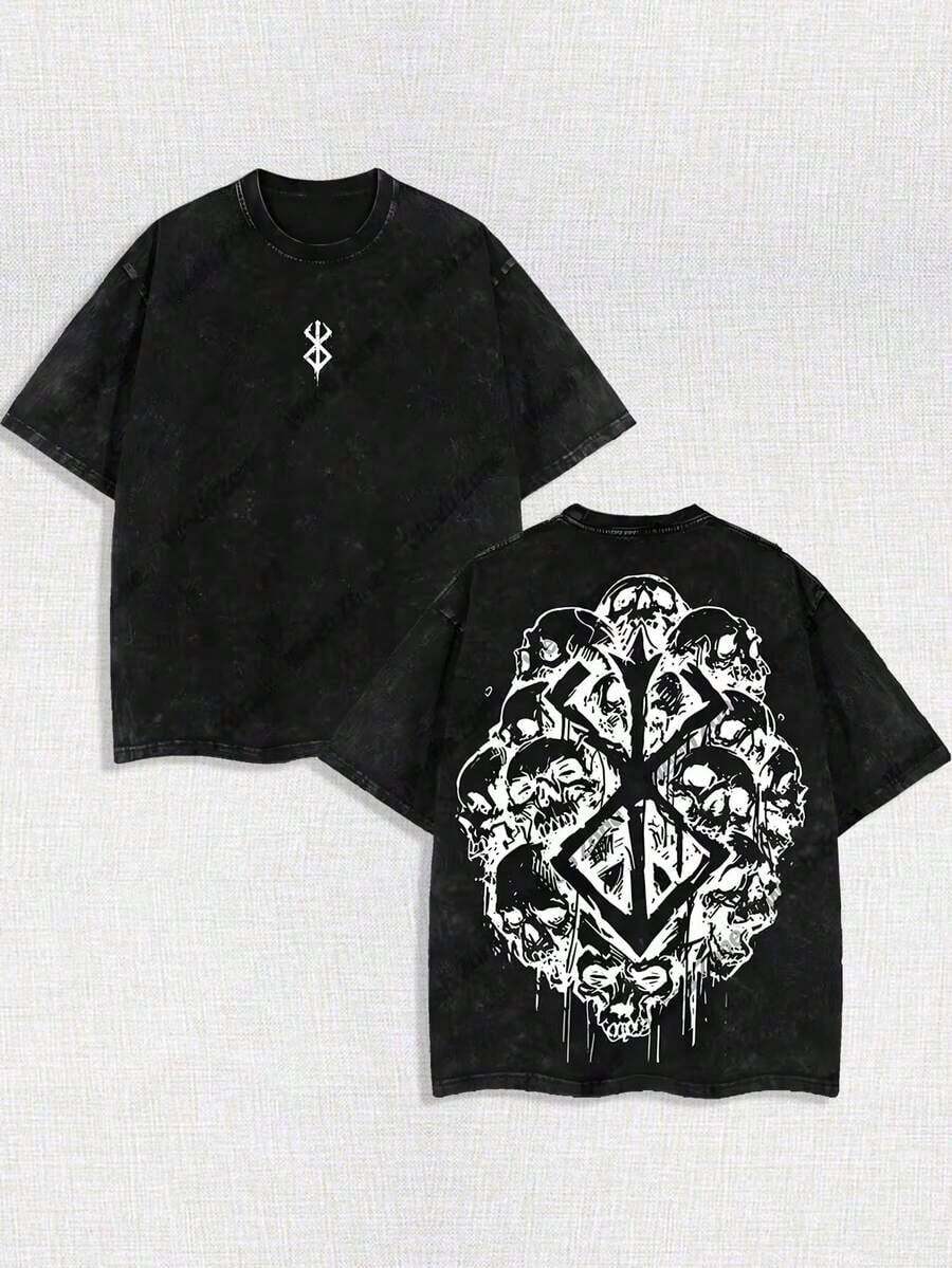 Skull Berserker Retro Men And Women With Loose Anime Washed Heavy Cotton-Shirts, Patterned-Shirts, Anime Fans, Anime Fans, Men's Clothing. - 黑色 - 查看 1