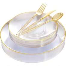 150PCS Clear Silver Plastic Plates & Disposable Silver Plastic Silverware With Glitter Bamboo Handle Cutlery-Baroque Clear Disposable Plates For Wedding & Easter Day & Mother's Day-TrugenixYSN1B - 金色 - 查看 13