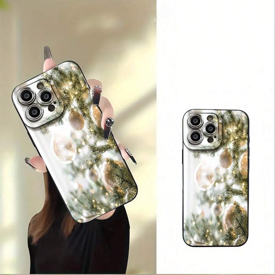 Árbol de Navidad con adornos dorados y luces brillantes. Elemento de diseño de funda para teléfono, ideal como regalo para cumpleaños, para mamá, familiares, amigos, novio o novia. iPhon - Negro - Ver 1