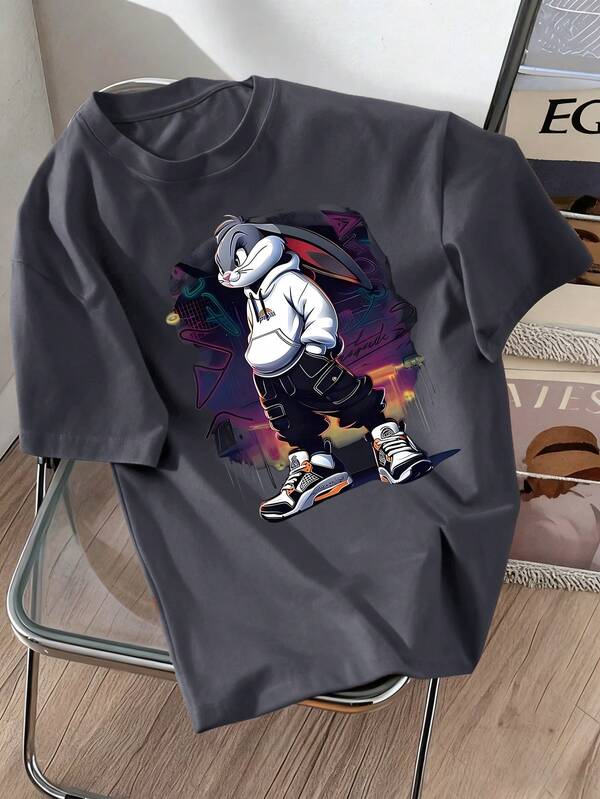 男童短袖兔子印花T恤，休闲时尚童装，适合春夏穿着