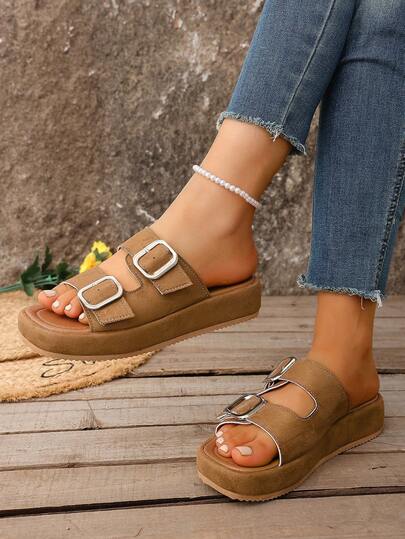 1 Pair Elegant Solid Color Fashion Fabric Buckle Flat Sandals, Outdoor Necessity For Spring & Autumn