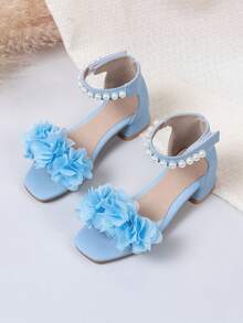 1 Pasang Sandal Putri Anak Perempuan Berhiaskan Berlian Imitasi dan Bunga, Hak Tebal, Ujung Terbuka, dengan Perekat Velcro, Cocok untuk Pertunjukan, Pemakaian Sehari-hari, dan Musim Panas - Baby Blue - View 2