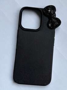1 pieza Funda de teléfono de lujo con patrón de lichi y lazo de rhinestone, compatible con Apple 17, 16, 16 Plus, 16 Pro Max, 15, 14, 13, 12, 11 Pro Max, lazo lindo a prueba de golpes, resistente al agua y a los arañazos - Negro - Ver 2