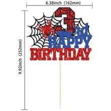 Ephlyn 1Pcs Happy 3rd Birthday Cake Topper Glitter Spider Themed Happy Third Birthday Cake Decor For Men Boy Three Years Birthday Party Supplies - 3 - 查看 2
