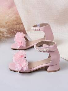 1 Pair Girls' Rhinestone Flower Chunky Heel Open Toe Hook And Loop Princess Sandals, Suitable For Performance, Daily Wear, Summer - Pink - View 5