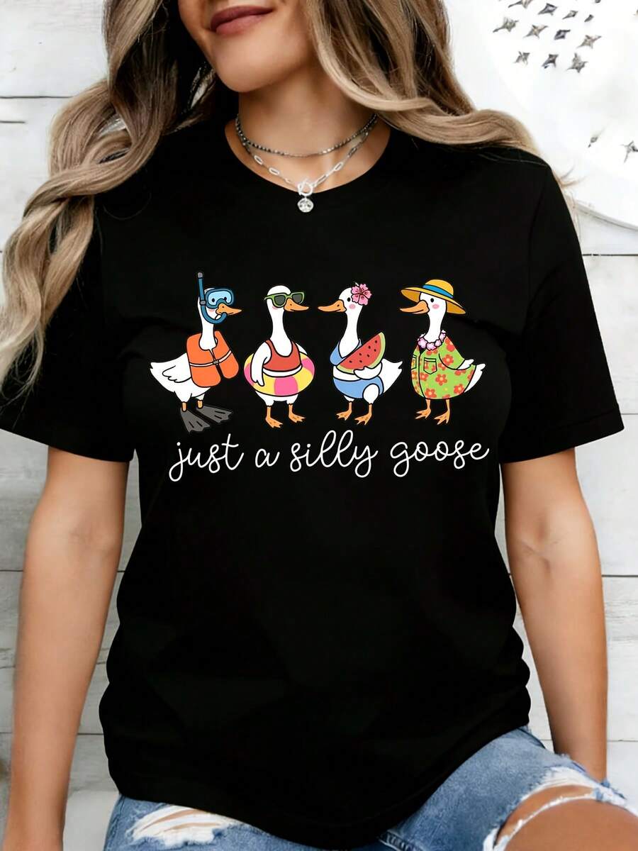 Large Size Black T Shirt Just A Silly Goose Duck Design Summer Fun Graphic Tee For Women Casual Wear Gift Idea - 黑色 - 查看 1