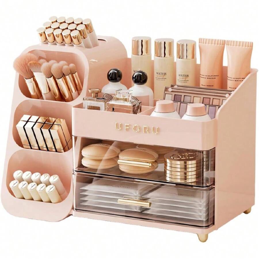 Organizer For Vanity With Brush Holder, Countertop Skincare Organizer With 2 Drawers, Spacious Cosmetic Display Case For Perfumes, Eyeshadow Palettes, Nail Polishes,38050873 - Hồng - Xem 1