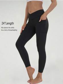 Women's V-Shaped Cross High Waisted Pocket Yoga Pants, Women's Sports Leggings, Soft And High Elasticity Pocket Leggings, Suitable For All Season Sports Leggings, Gym Work Pants, Hip Lifting Sports Leggings, Weight Loss Running, Cycling, Yoga - màu đen - Xem 9
