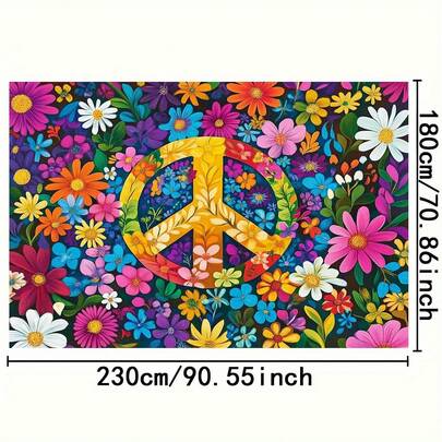 1 件 2D 平面横幅，鲜艳的花卉和和平标志背景 - 嬉皮波西米亚风墙饰，色彩缤纷的花卉力量设计，适用于家居装饰、派对、节日、户外庆典（无需用电）、节日装饰