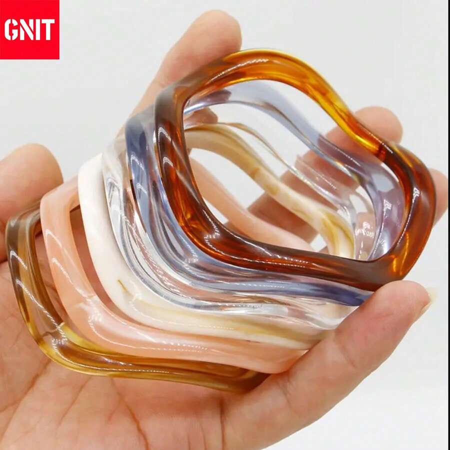 GNIT A Set Of 6 Bracelets Featuring An Asymmetric Wave Design Made Of Resin, Available In Multiple Colors, Perfect For Everyday Wear And Festive Parties. - Coffee + Blue + Translucent + Beige + Orange + Brown - View 1