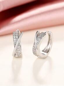 1 Đôi bông tai vòng thanh lịch đính đá Cubic Zirconia dành cho thiếu nữ, thích hợp để trang trí hàng ngày, dự tiệc hoặc làm quà tặng sinh nhật. - Bạc - Xem 2