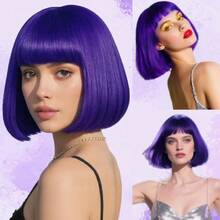Dark Purple Bob Wigs With Bangs Straight Short Wigs For Women Synthetic Purple Wig For Cosplay Women Funny Wig For Party Halloween Daily Wear Anime Costume Events,38049116 - 紫色 - 查看 1