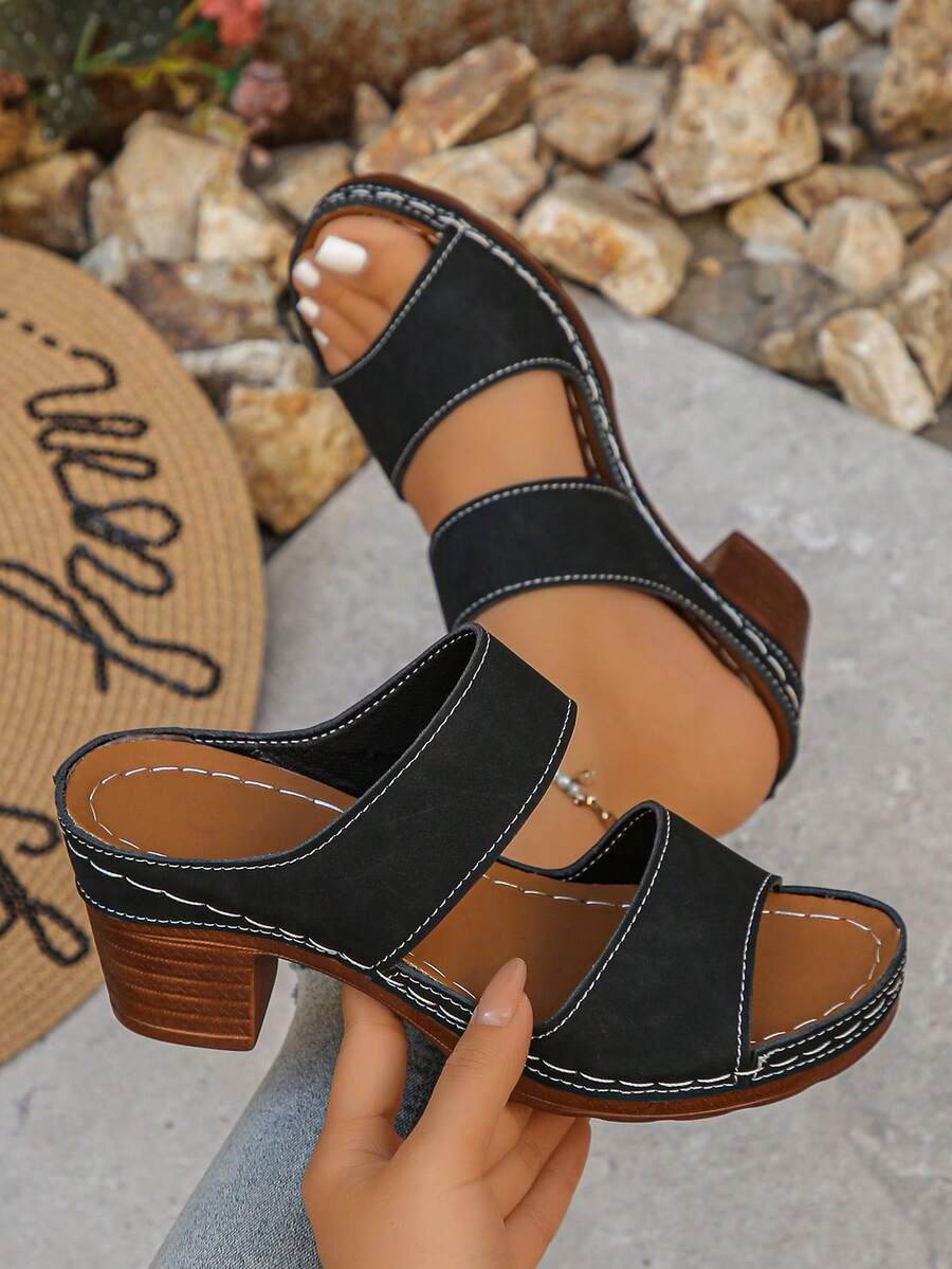 Plus Size 36-43 European & American Style Summer New Fashion Open Toe Plus Size Sandals, Slip-On Thick Heel Increased Height Women High Heel Sandals, Black & Brown - Black Matte - View 1
