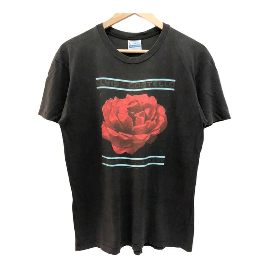 Camiseta promocional del tour del álbum "Mighty Like A Rose" de COSTELLO de 1991, estilo vintage de los 90, hecha en EE. UU. con una sola costura, de pop rock barroco - Negro - Ver 1
